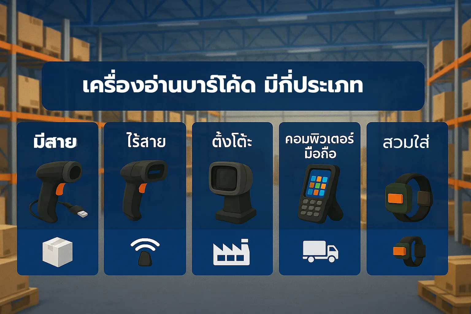 เครื่องอ่านบาร์โค้ด มีกี่ประเภท? แบบมีสาย ไร้สาย ตั้งโต๊ะ คอมพิวเตอร์มือถือ และแบบสวมใส่