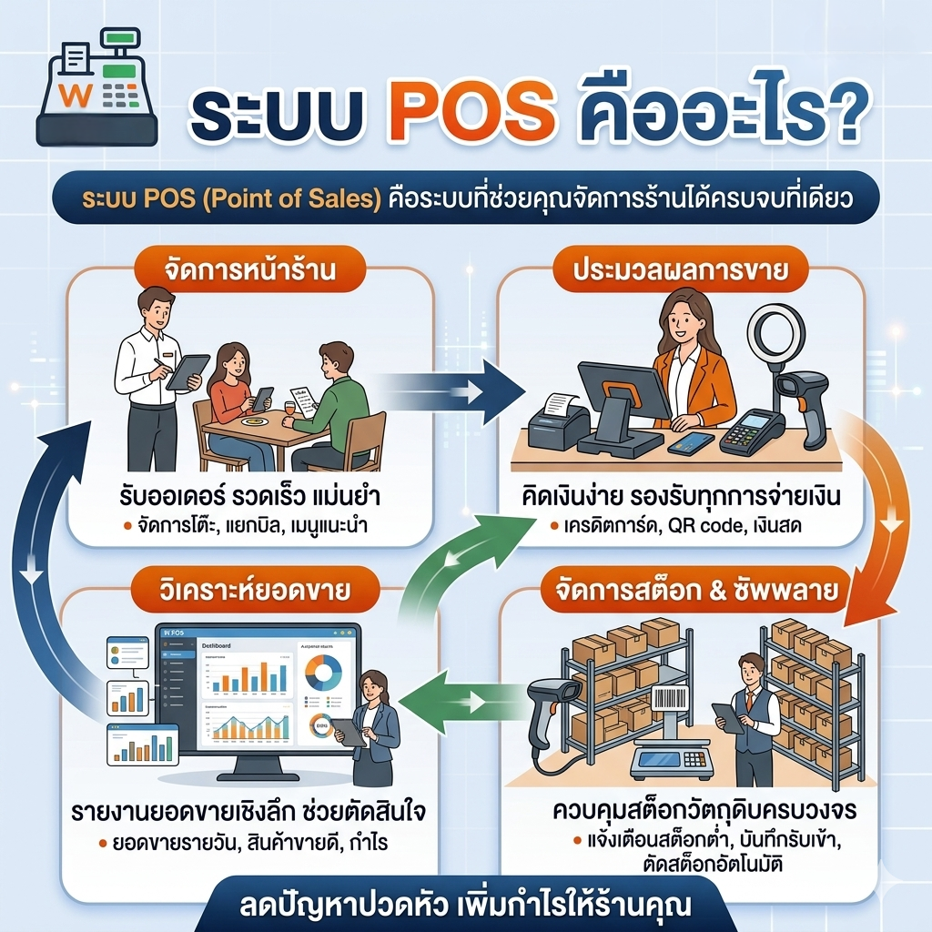 ระบบ POS คืออะไร ระบบจัดการร้านค้าและร้านอาหาร ช่วยคิดเงิน จัดการสต็อก วิเคราะห์ยอดขาย และรองรับ QR Code